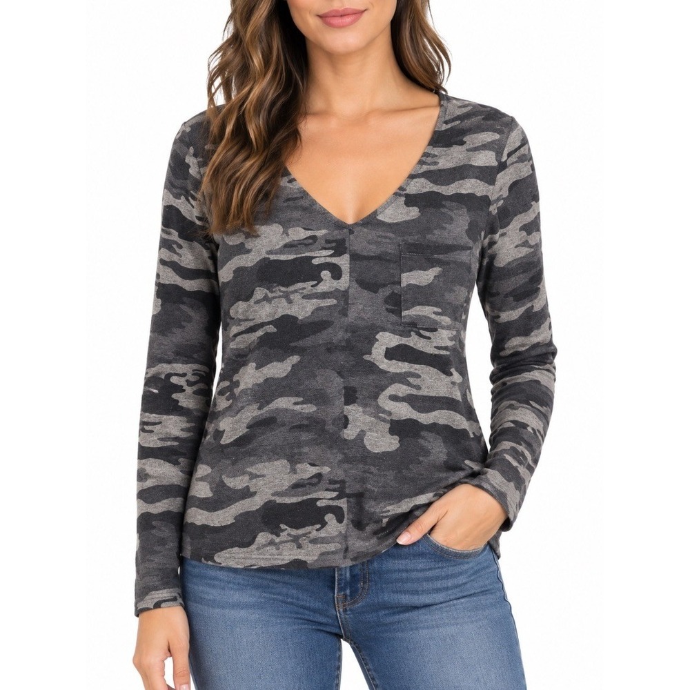 Sanctuary Womens Camo Print Long Sleeve V-Neck Top Shirt Gray M